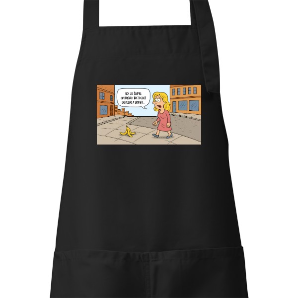 Zástěra s potiskem Jiránkův fór: Blondýna a slupka od banánu